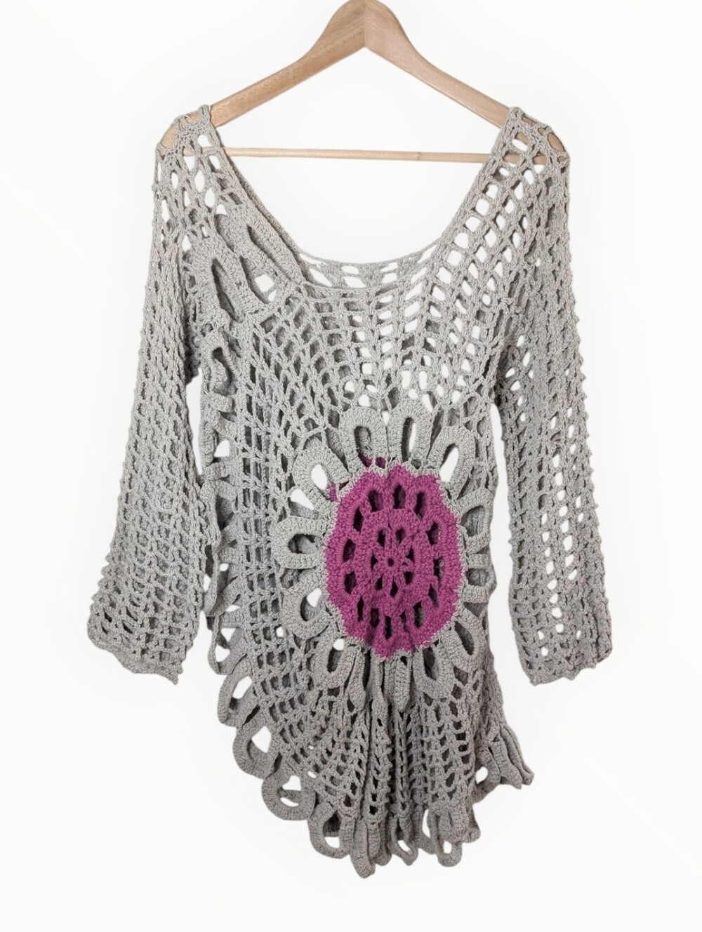 Boho Crochet Open Knit Sweater Asymmetrical Cover-up S/M